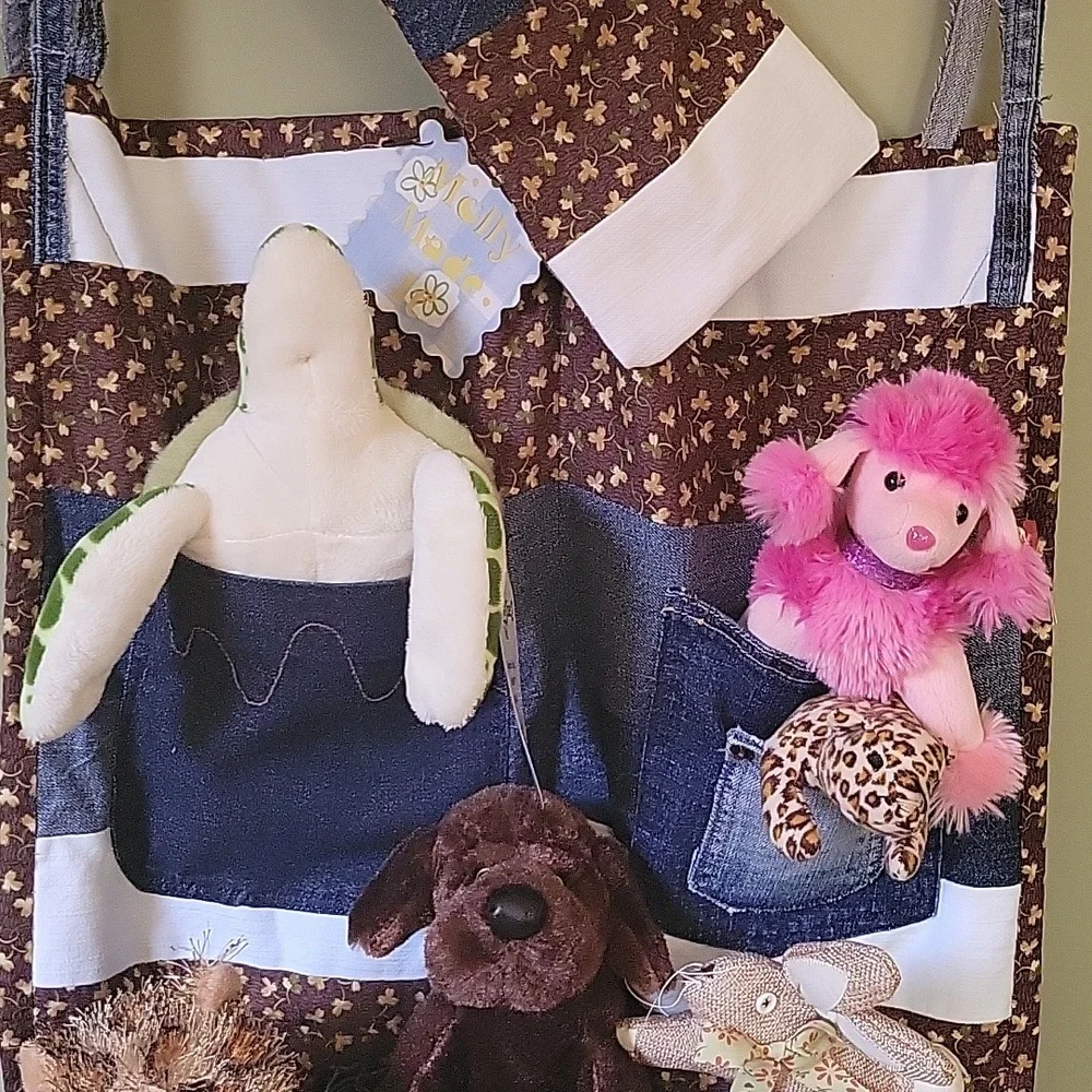HAND CRAFTED Organizer UPCYCLED Blue Denim Pocket Brown Floral Hanging 29 X20 In